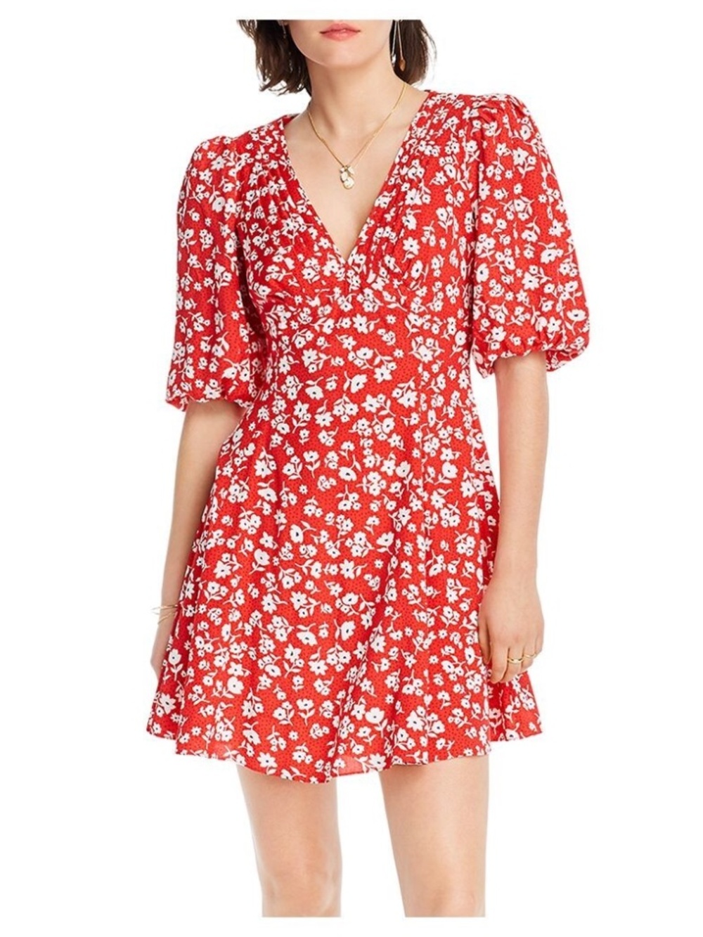 LINI Womens Fit + Flare Above The Knee Dress Red Pouf V Neck Printed - size XS